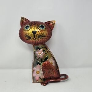 VTG Sitting Metal GLASS Tin Cat Figurine MCM 13"H Floral Art Decor Statue